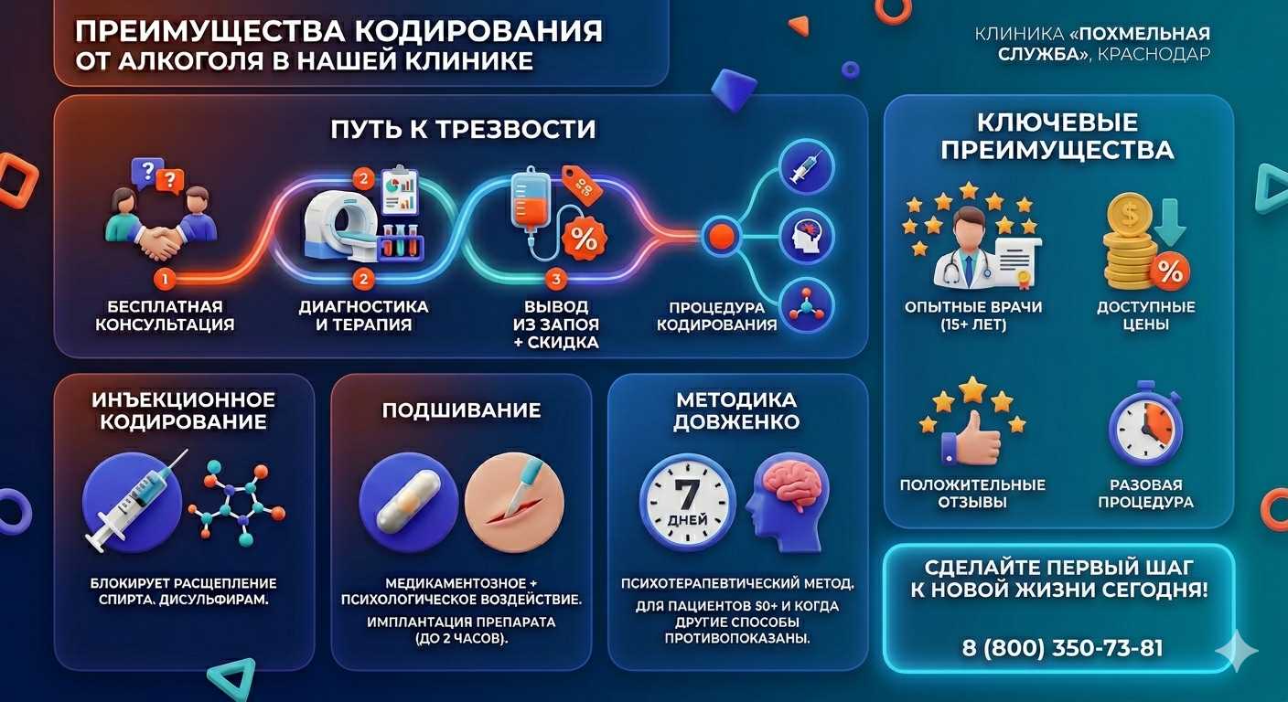 Инфографика о методах кодирования от алкоголя в городе Зима: инъекции, подшивание, метод Довженко. Преимущества клиники и этапы лечения.
