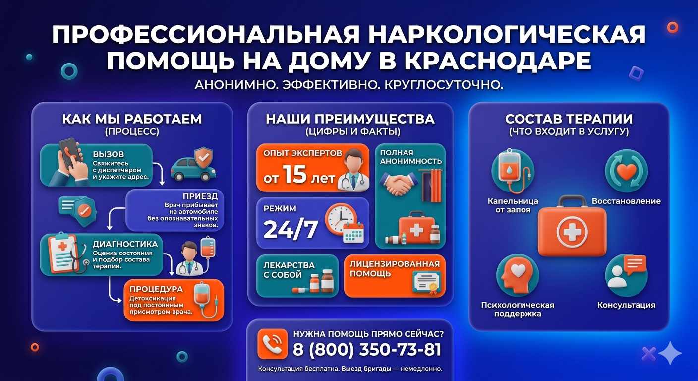 Инфографика о принципах лечения алкоголизма на дому в городе Зима: этапы вызова нарколога, преимущества анонимной детоксикации и состав медицинской помощи.